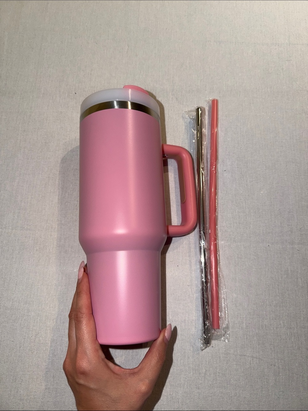 Pink Travel Tumbler with Handle and Straw